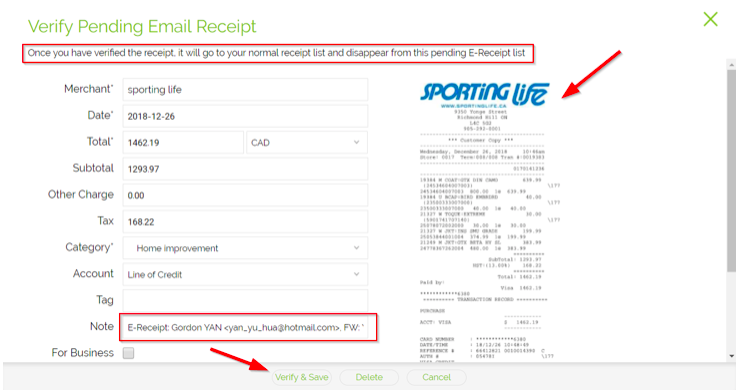 editable receipt display