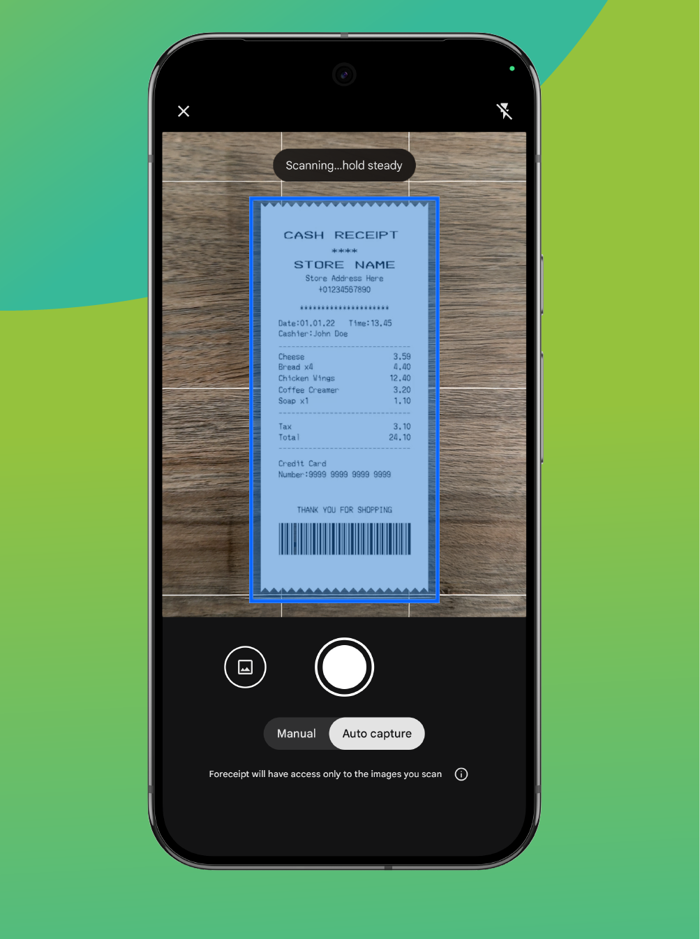 Users can scan receipts by tapping the scan icon in the app and placing their phone above the receipt on a plain, dark background. The app uses OCR technology to accurately read the merchant and payment data, converting paper bills and receipts into digital receipts. 